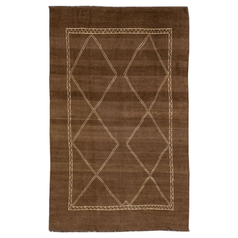 Modern Moroccan Style Brown Handmade Wool Rug with Geometric Pattern by Apadana For Sale at 1stDibs