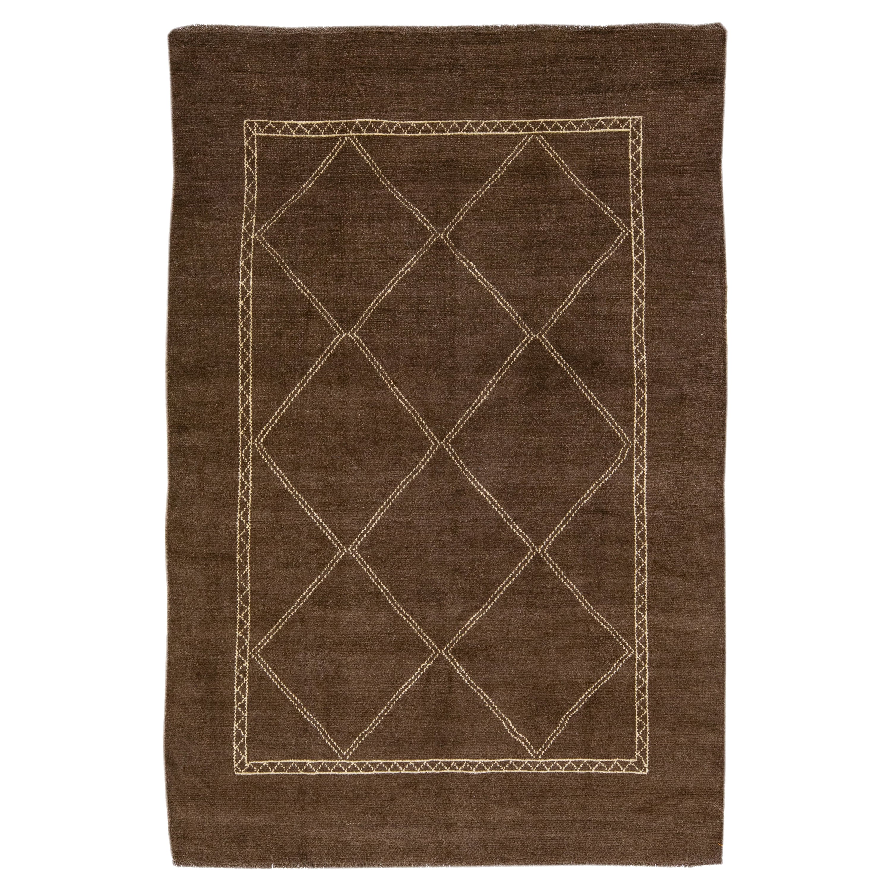 Brown Modern Moroccan Style Handmade Wool Rug with Tribal Design by Apadana