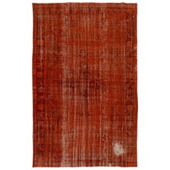 Retro 7.6x11.4 Ft Handmade Turkish Area Rug in Orange. Mid-Century Distressed Carpet