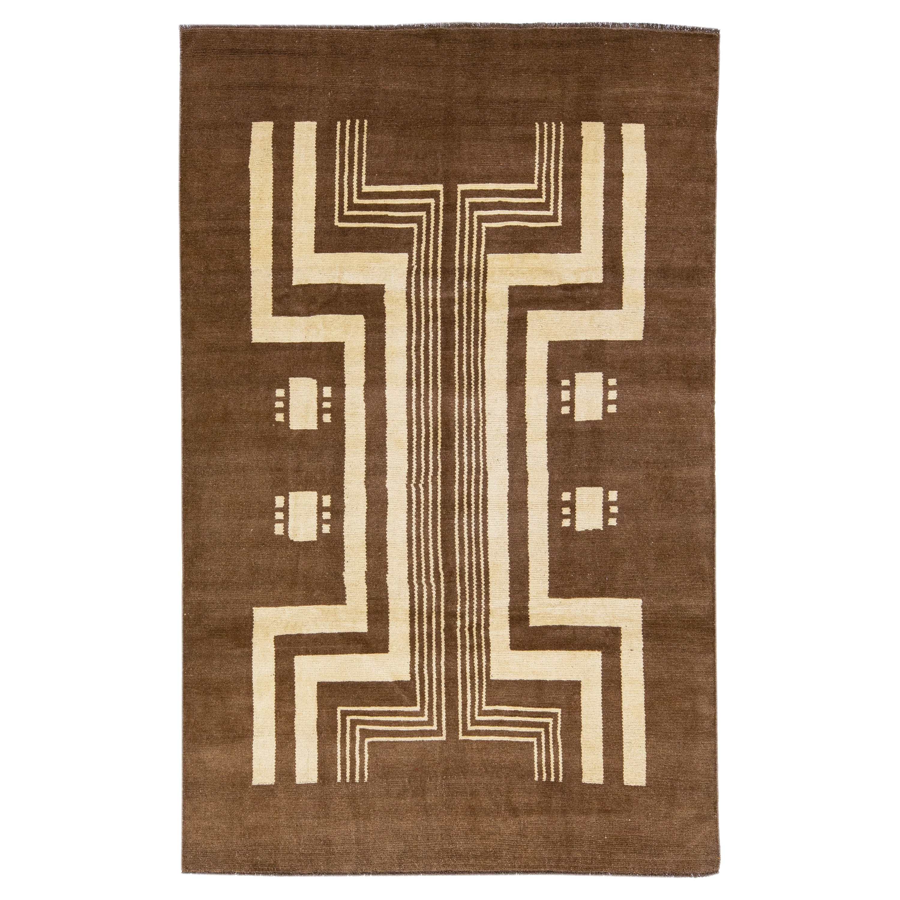 Brown Transitional Art Deco Handmade Wool Rug with Tribal Design by Apadana For Sale