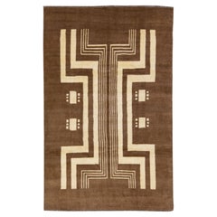 Brown Transitional Art Deco Handmade Wool Rug with Tribal Design by Apadana