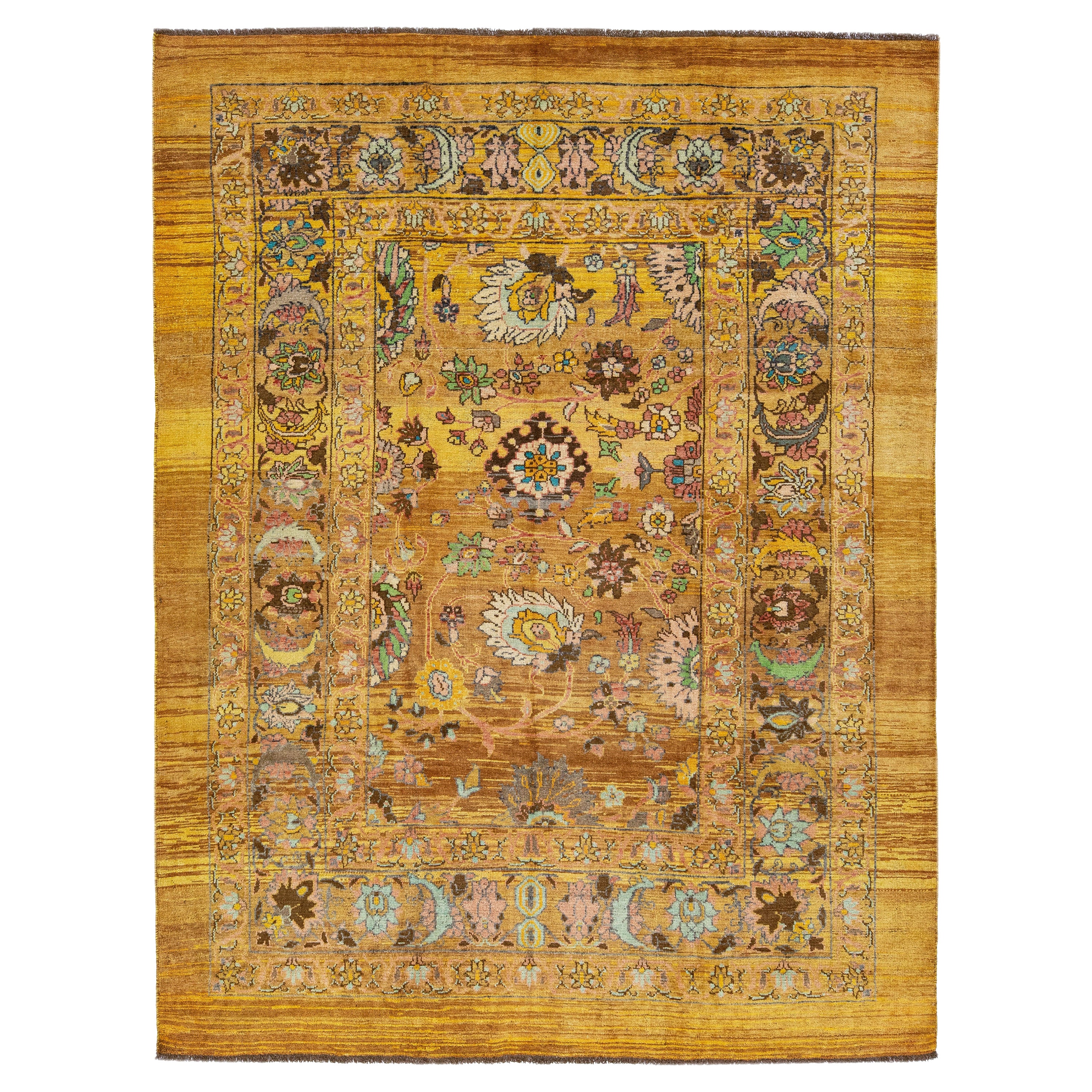 Yellow Mid-Century Modern Style Handmade Wool Rug with Floral Design by Apadana