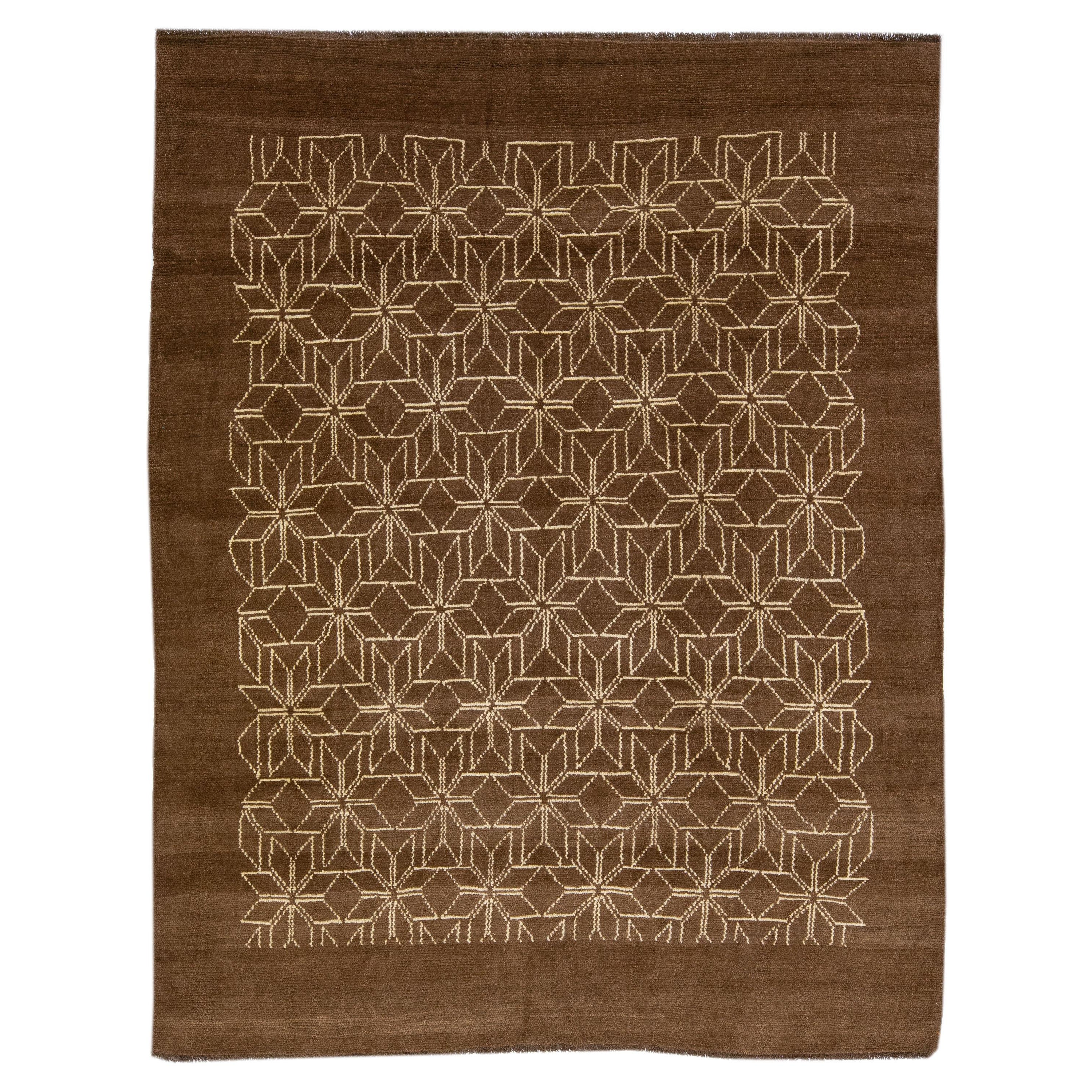 Modern Moroccan Style Handmade Geometric Brown Wool Rug by Apadana