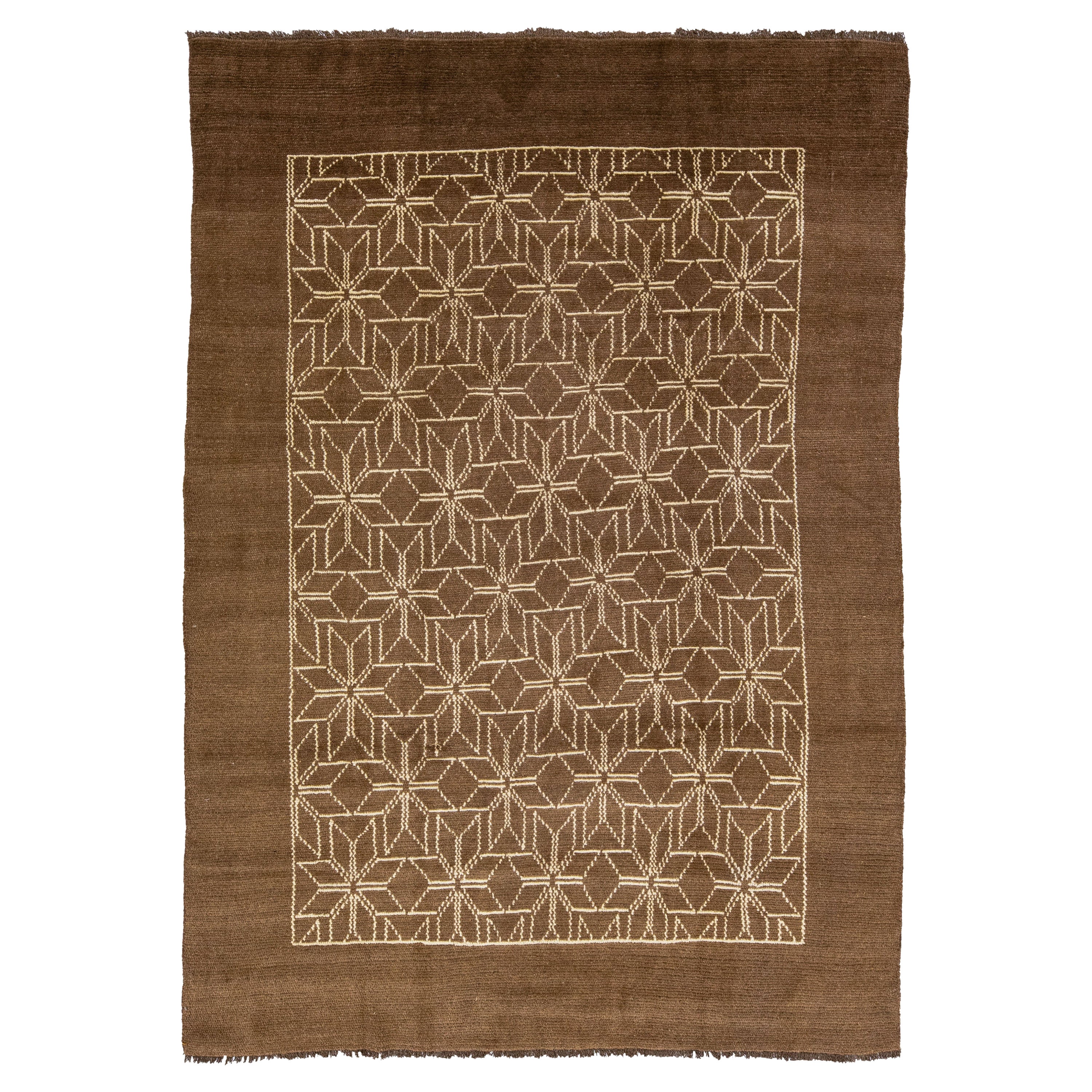 Modern Moroccan Style Handmade Brown Designed Wool Rug by Apadana For Sale