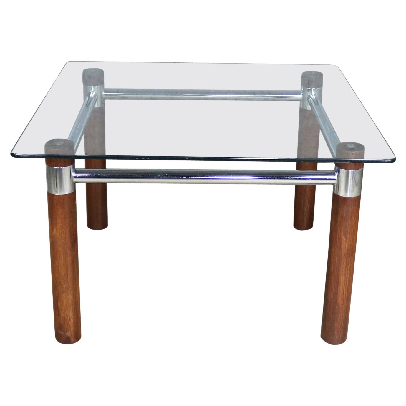 Vintage MCM to Modern Cylindrical Oak Legged Chrome & Glass Square End Table For Sale