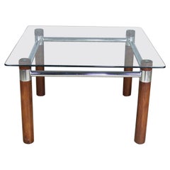 Vintage MCM to Modern Cylindrical Oak Legged Chrome & Glass Square End Table