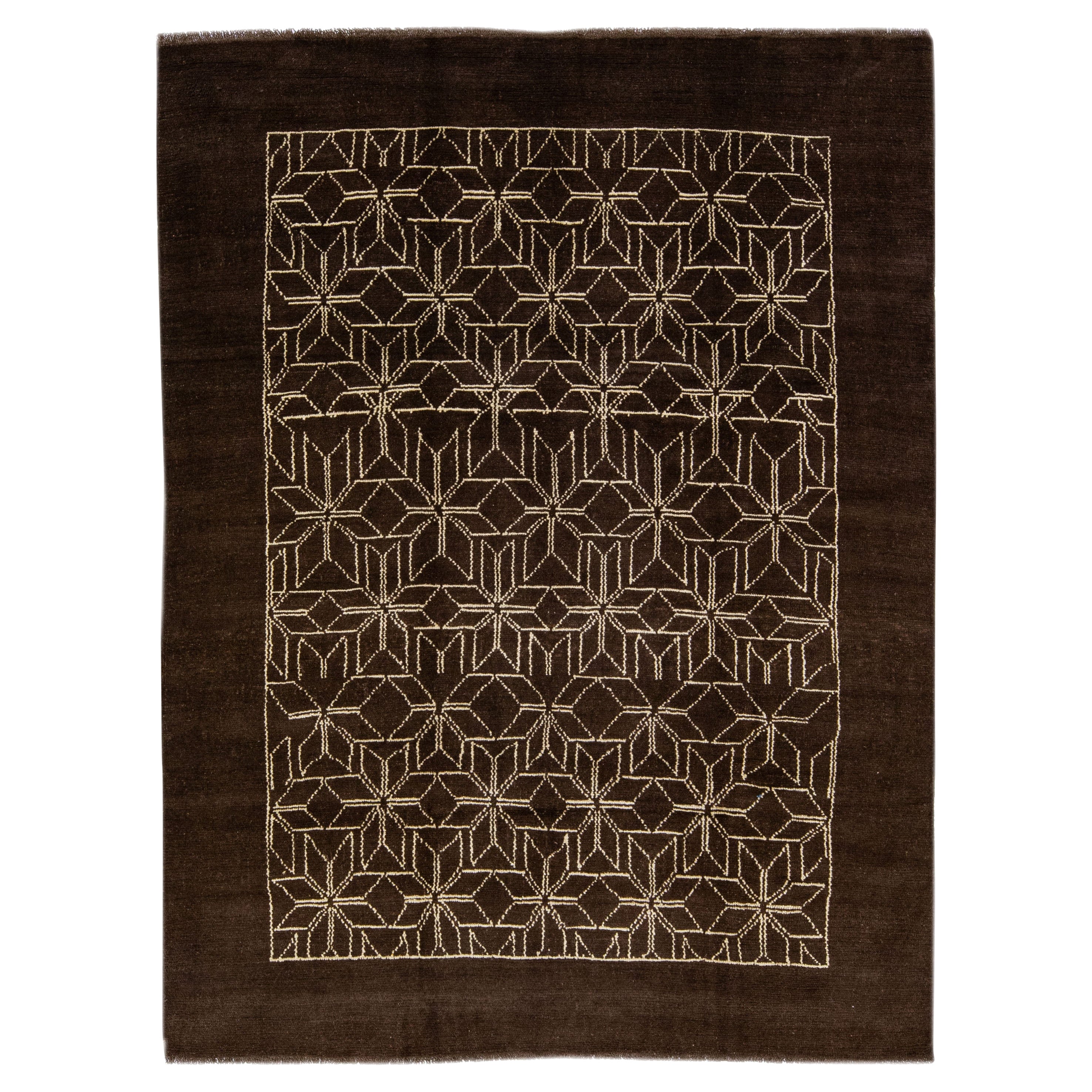 Modern Moroccan Style Handmade Dark Brown Wool Rug by Apadana For Sale