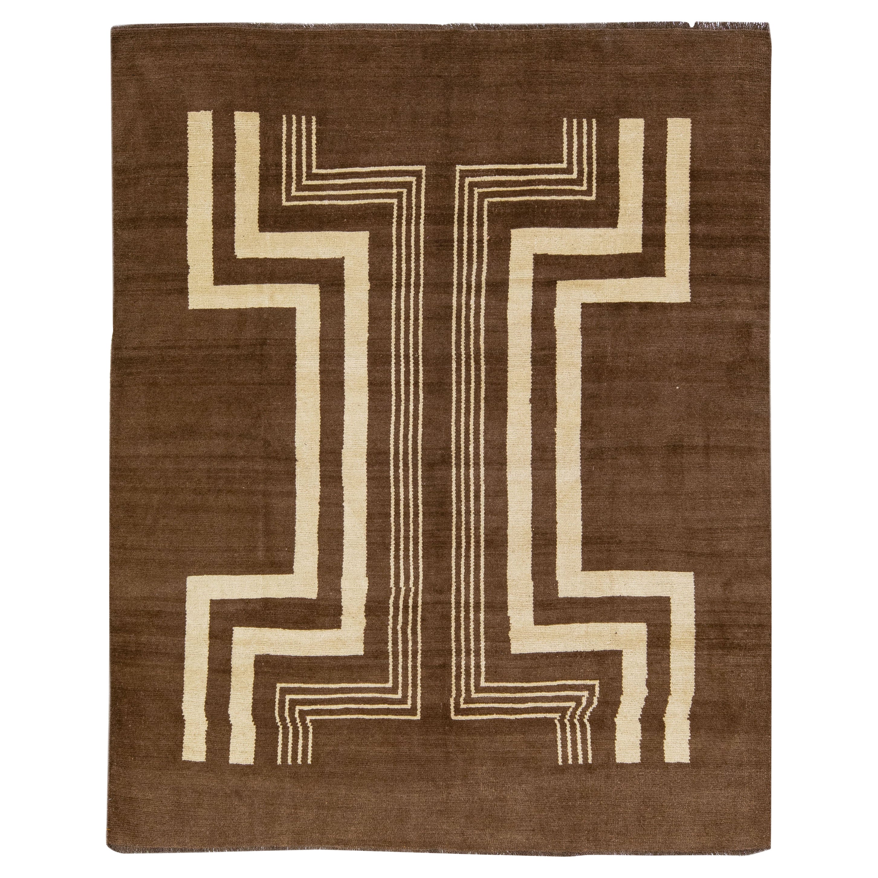 Transitional Art Deco Style Brown Handmade Designed Wool Rug by Apadana