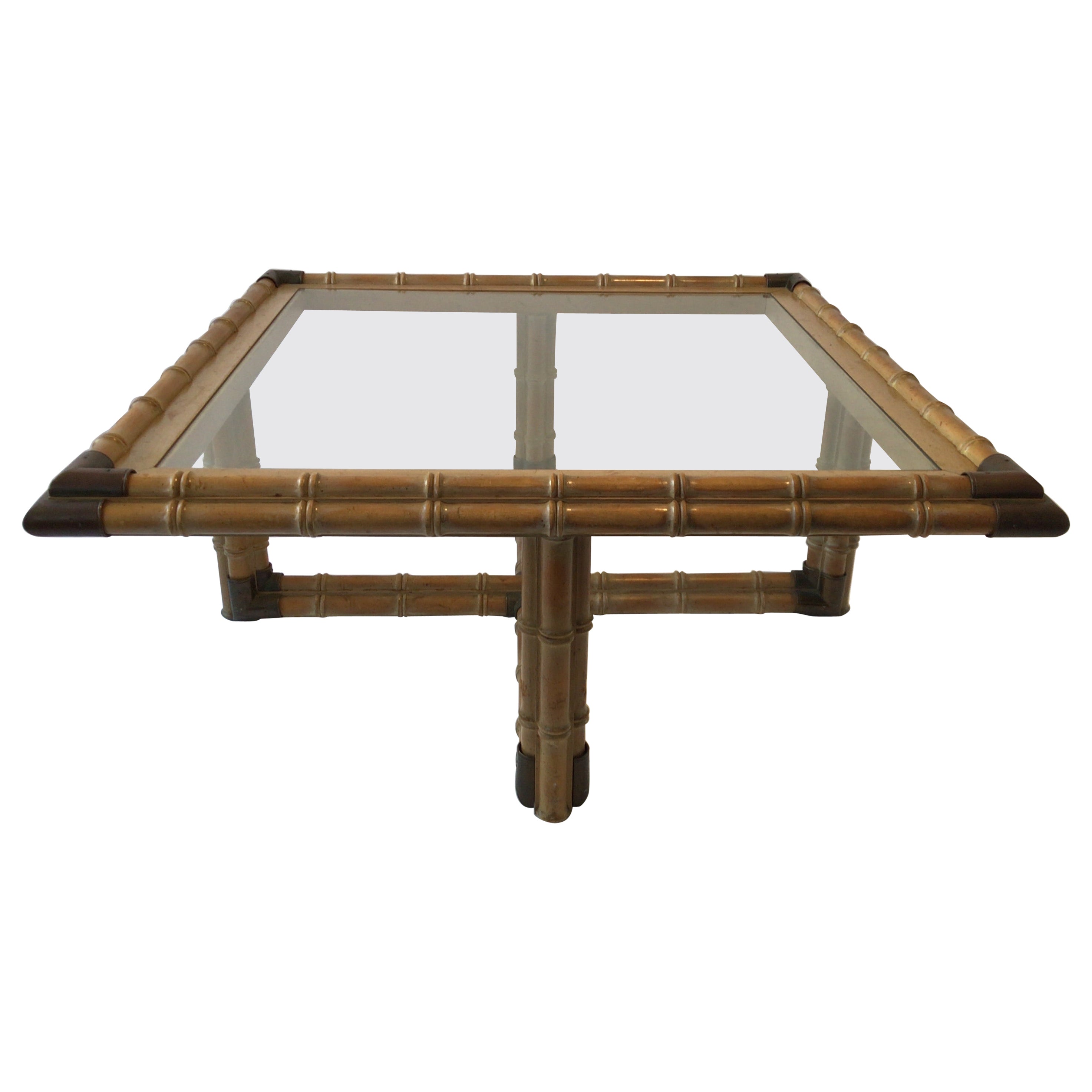 1960s Square Faux Bamboo Wood Coffee Table with Brass Accents Glass Top For Sale