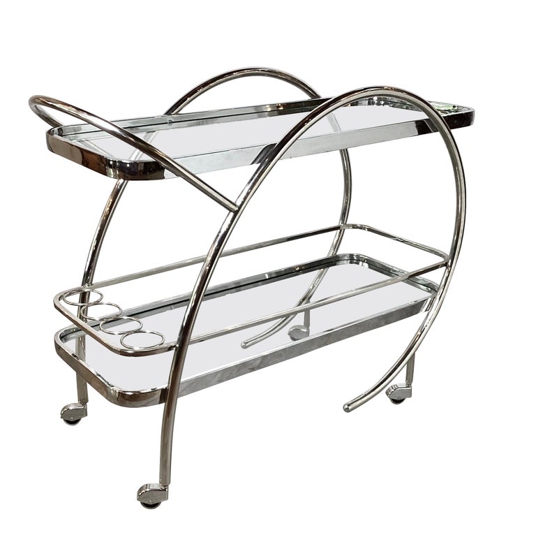 Sleek MidCentury Chrome and Glass Bar Cart For Sale at 1stDibs