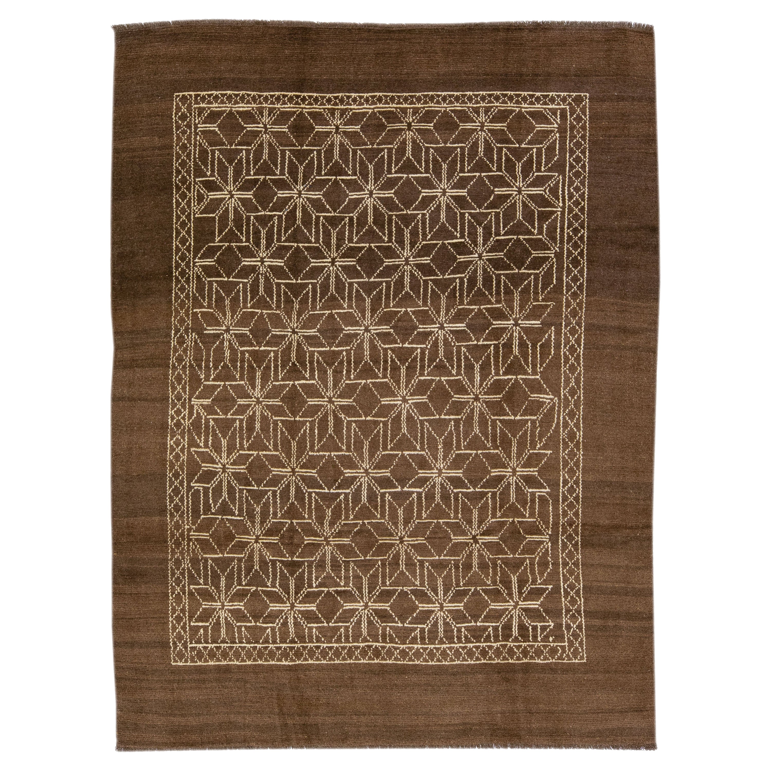 Brown Modern Moroccan Style Handmade Geometric Designed Wool Rug by Apadana For Sale