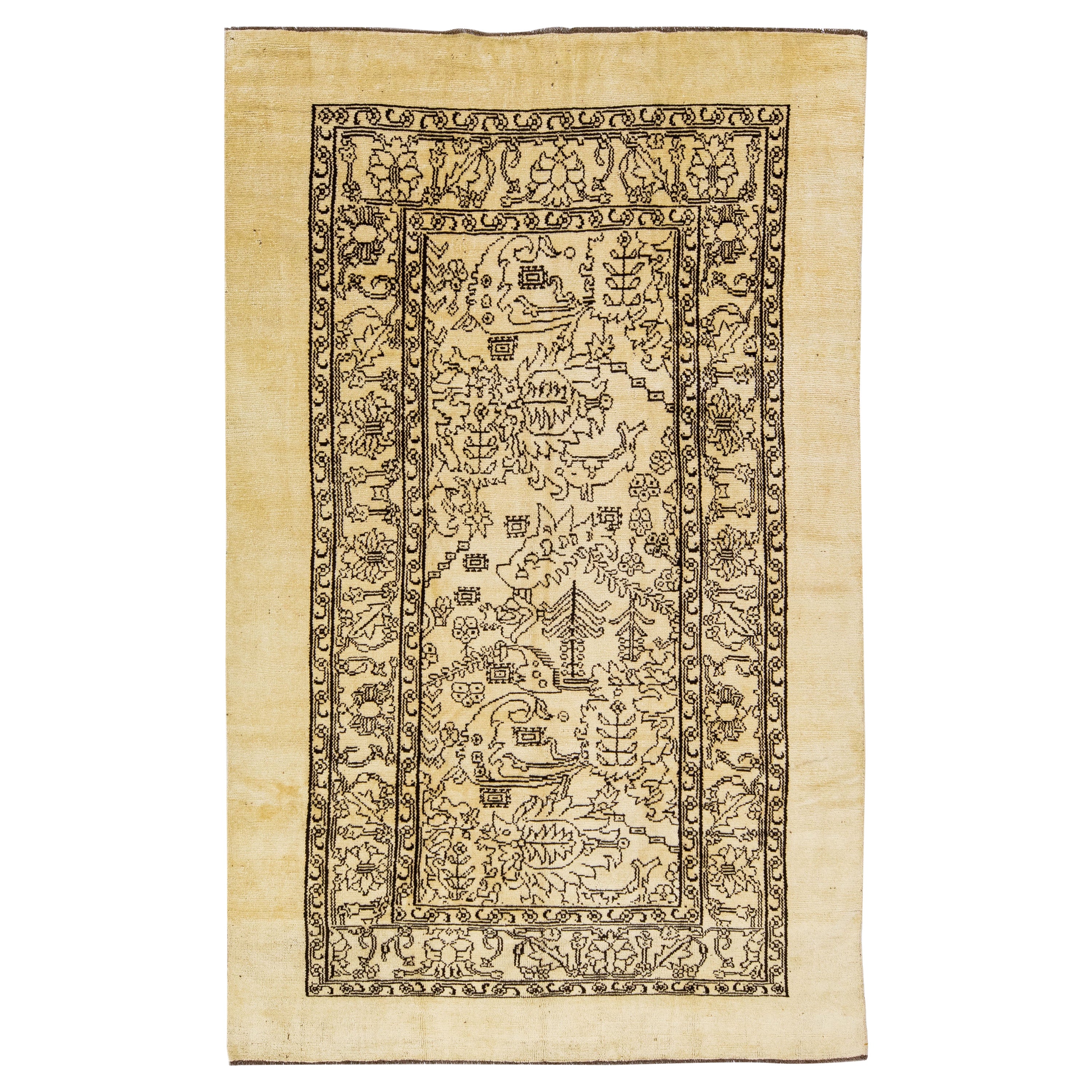 Transitional Style Handmade Tan Wool Rug with Allover Design by Apadana For Sale