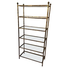 1950s, Faux Bamboo Gilt Iron Italian Etagere with Glass Shelves