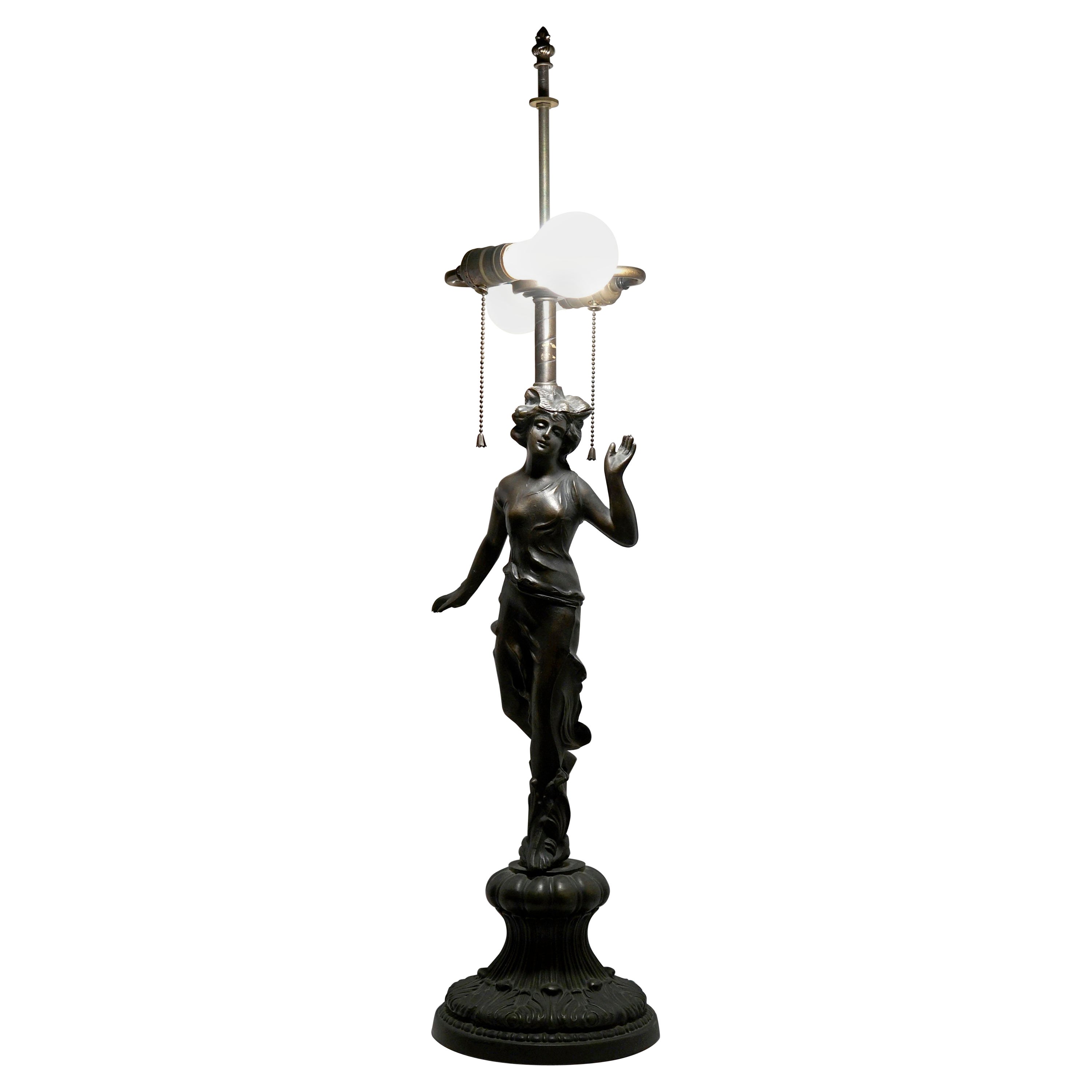 1920s Art Nouveau Bronze Verdigris Figural Table Lamp with Dual Socket