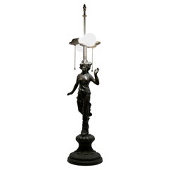 Antique 1920s Art Nouveau Bronze Verdigris Figural Table Lamp with Dual Socket