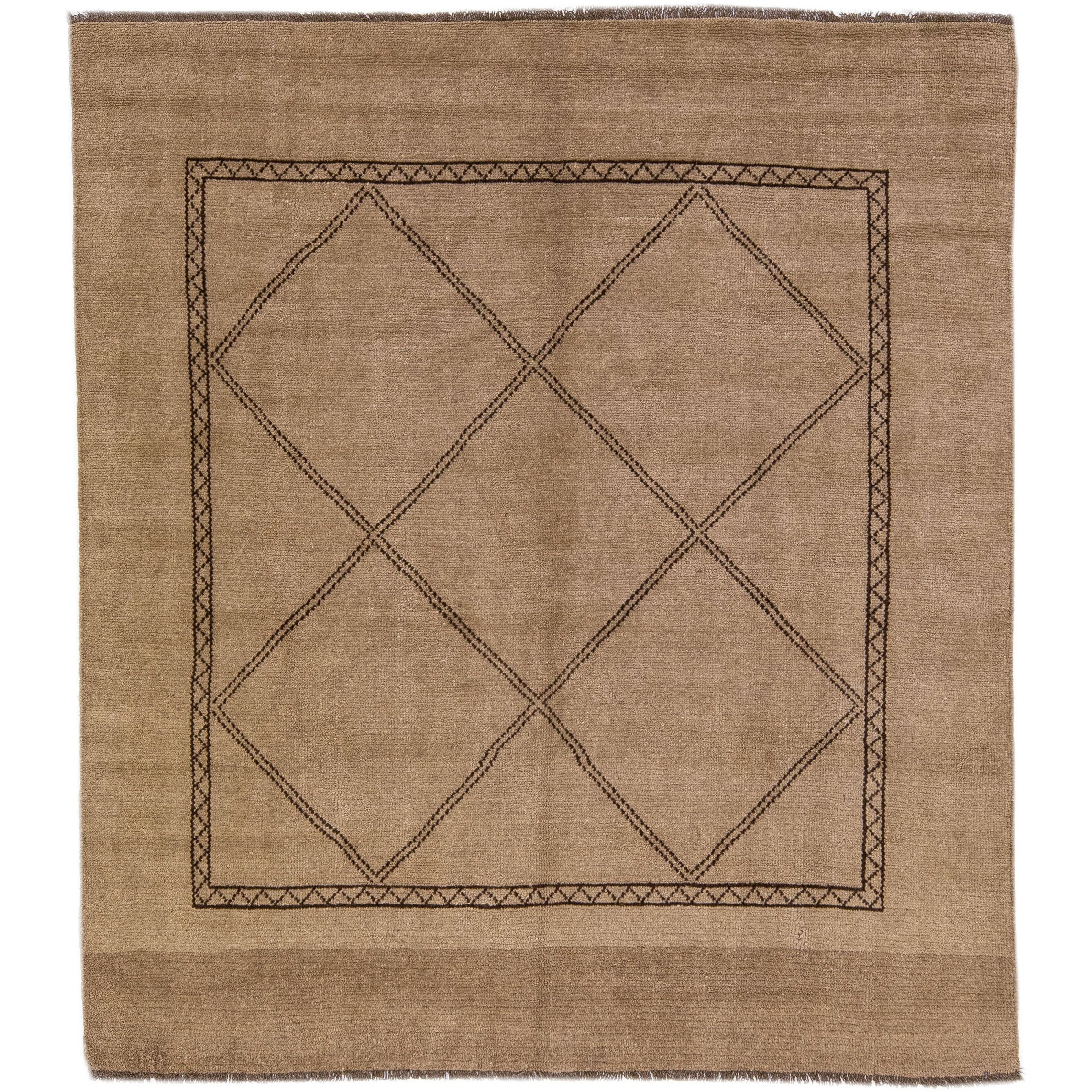 Modern Moroccan Style Brown Handmade Geometric Square Wool Rug by Apadana For Sale