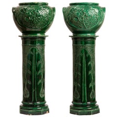 Pair Green Glazed Majolica Ceramic Jardinières with Pedestals, Indoor or Outdoor
