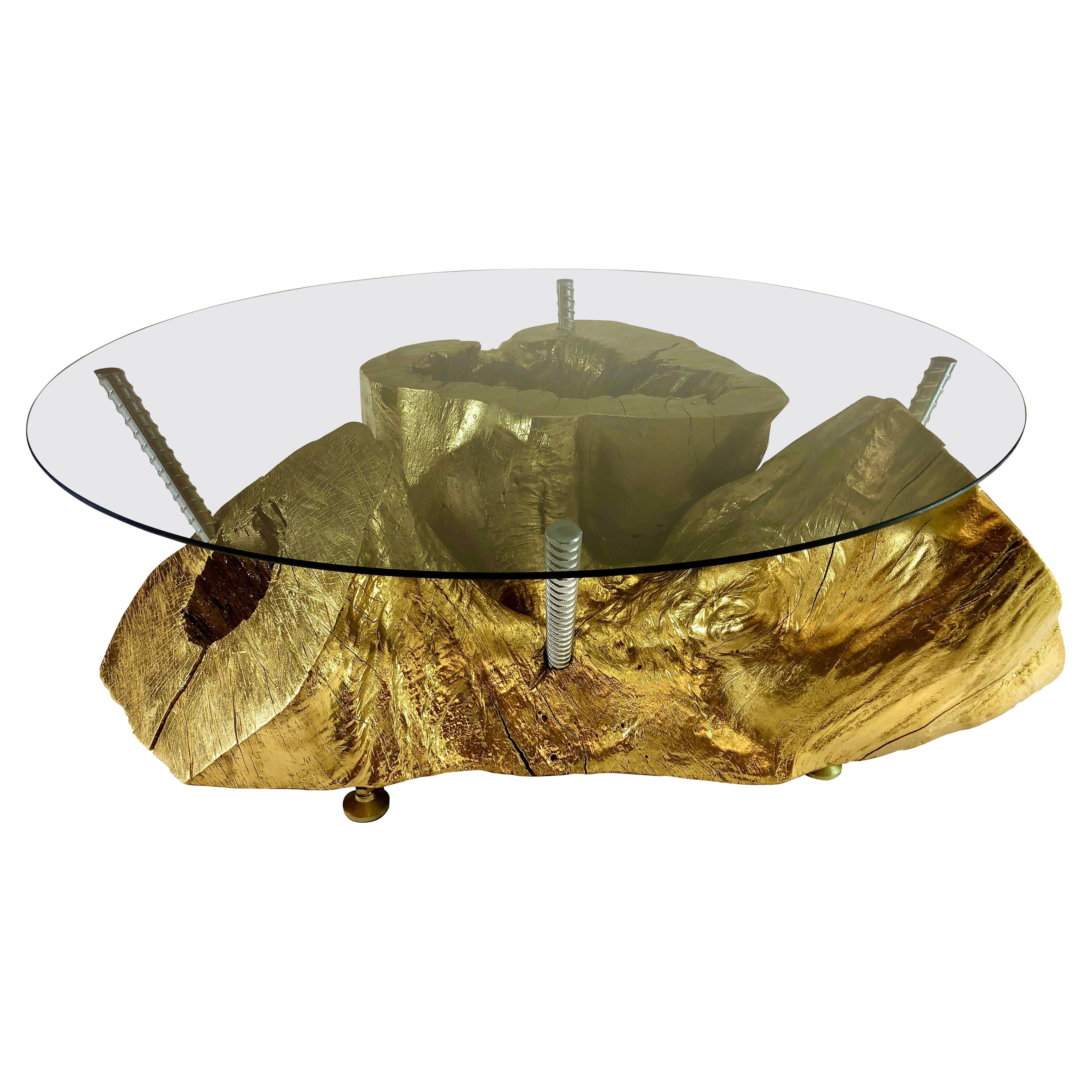 Tree Stump Coffee Table In Gold With Smoked Glass Top For Sale