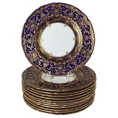 Antique Opulent Set of 12 Ornate English Raised Gilded Cobalt Dinner Service Plates
