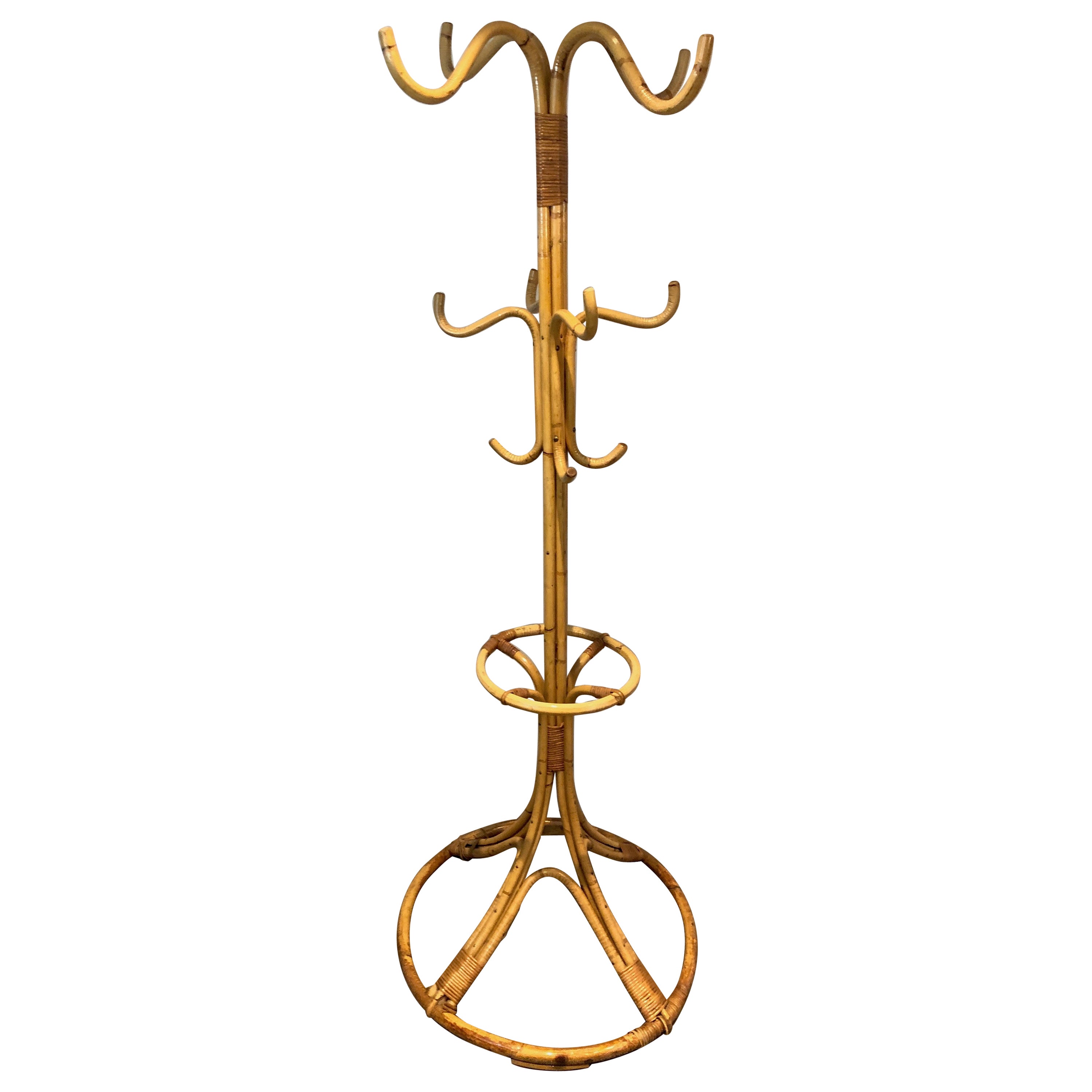 Rattan Coat Rack on Stand, Circa 1950 For Sale at 1stDibs