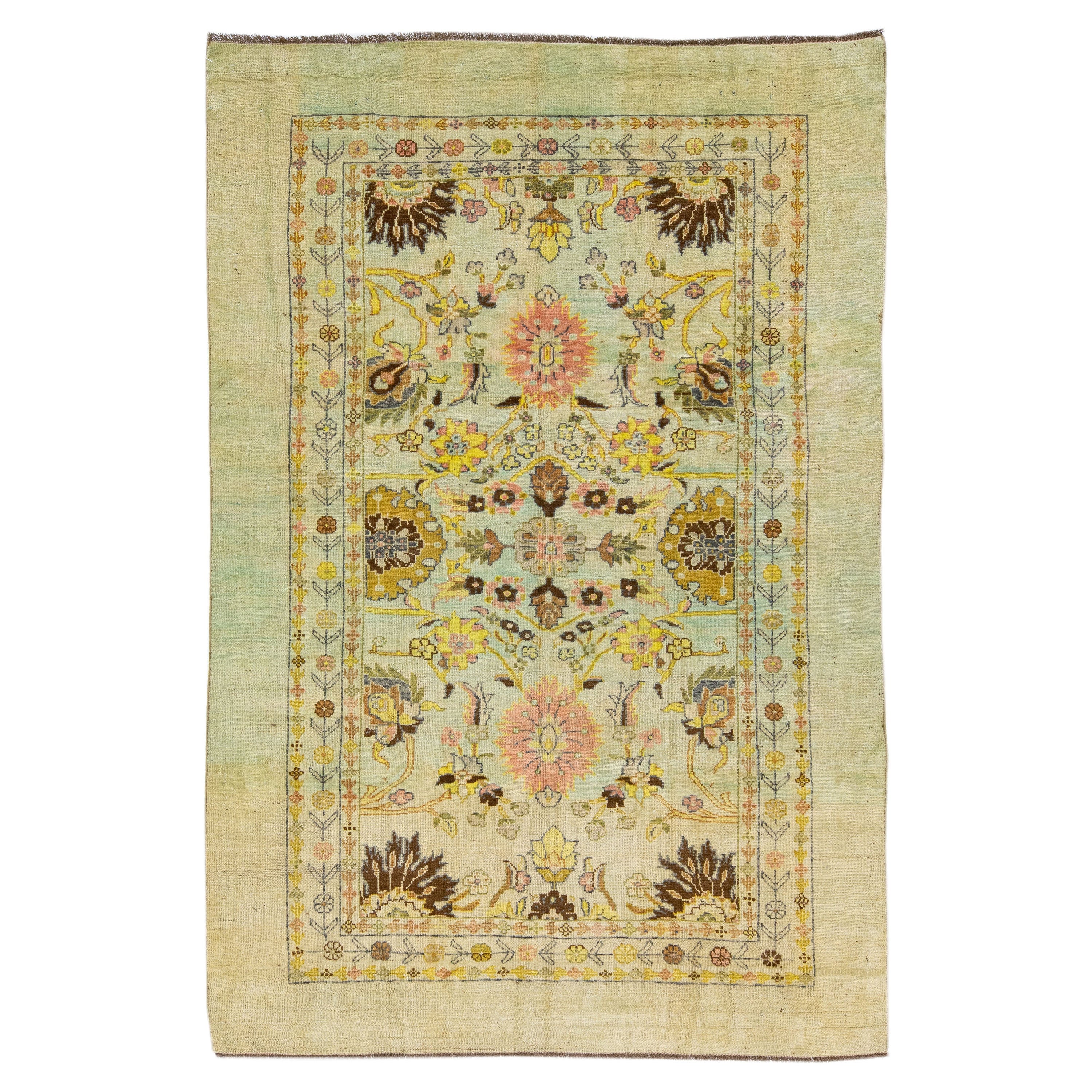 Transitional Art Deco style Green Handmade Floral Wool Rug by Apadana For Sale