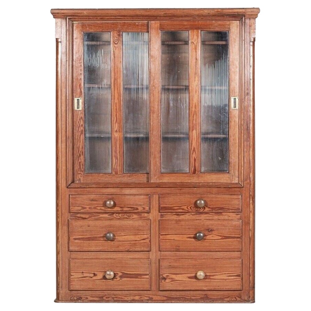 19thC English Pine Glazed Housekeepers/ Bookcase Cabinet For Sale