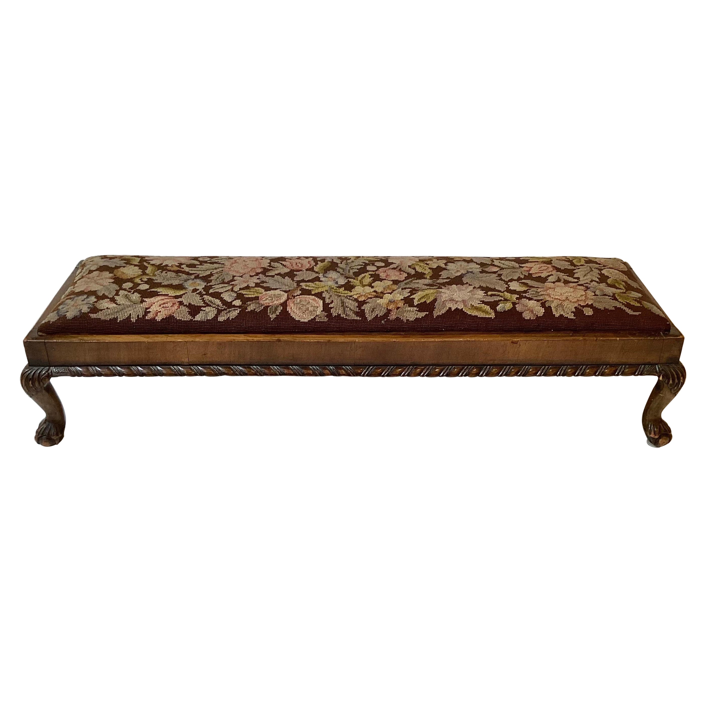 Hand Carved Walnut and Needlepoint Bench For Sale