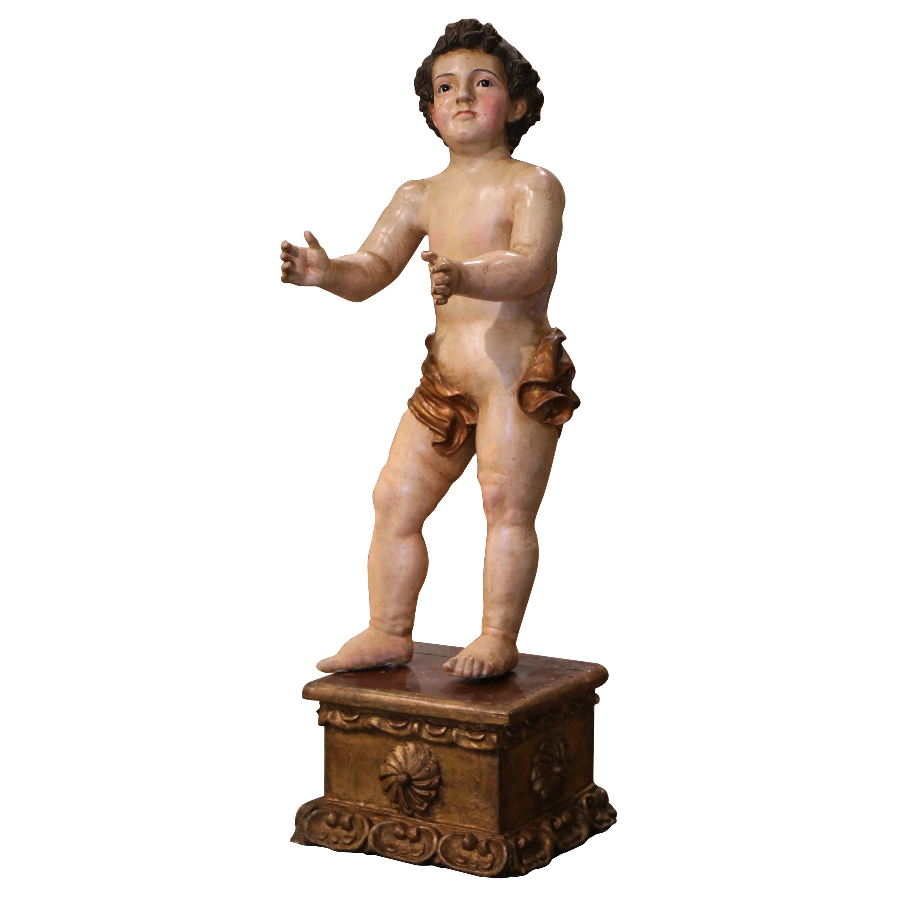 18th Century Italian Carved Polychrome Life Size Putti on Stand with Glass Eyes For Sale