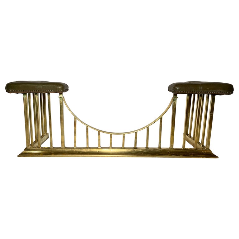 Antique English Solid Brass Fire Fender with Leather Club Seats, Circa