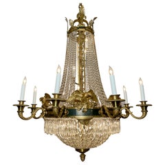 Antique French Empire Cut Crystal and Gold Bronze Chandelier, circa 1890