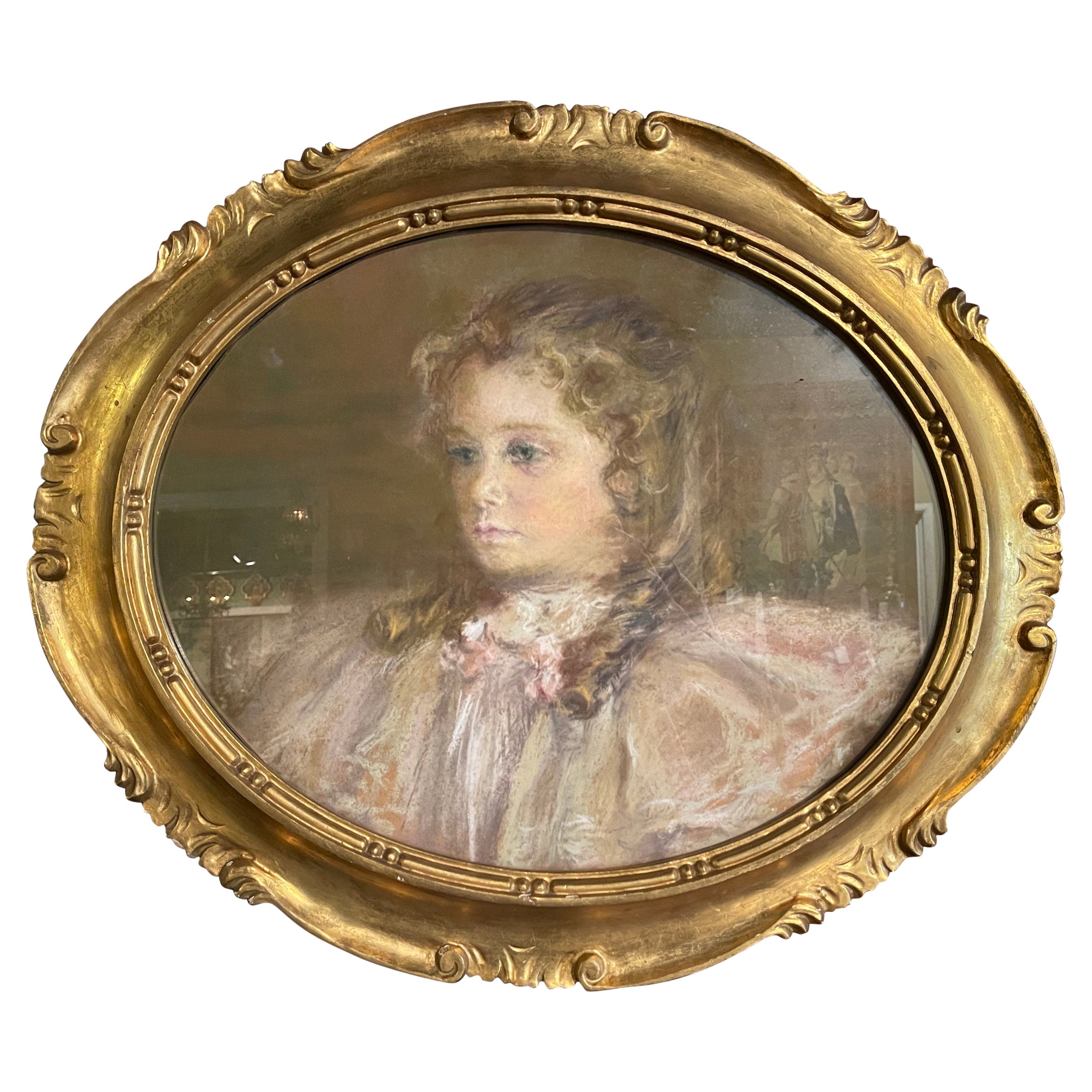Portrait de jeune fille au pastel de la fin du XIXe siècle dans un cadre ovale doré, France