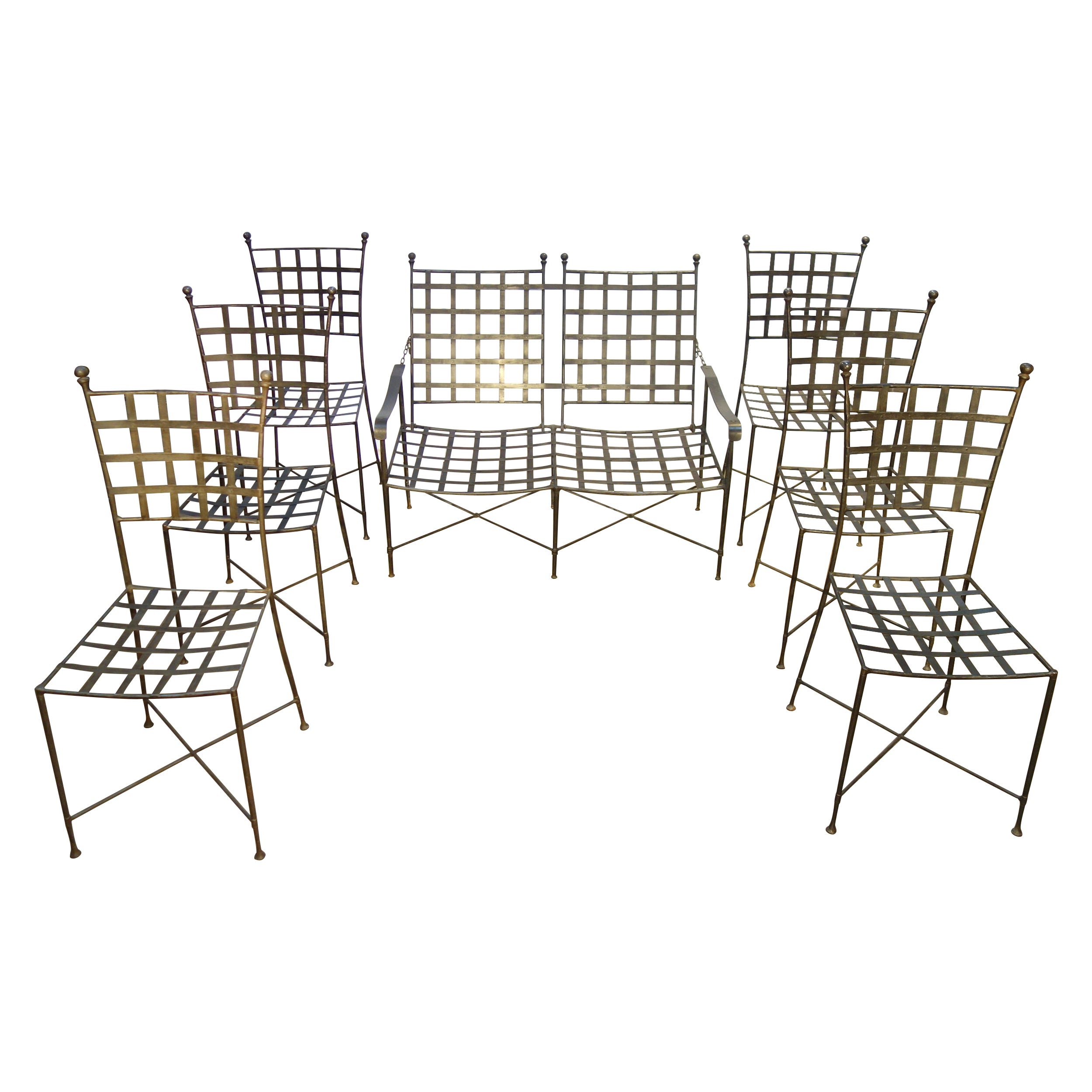 Mid-Century Italian Set of 6 Chairs & Reclining Settee, Hammered Wrought Iron