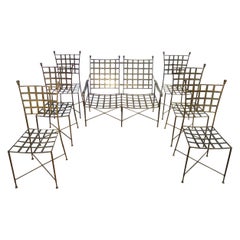 Antique Mid-Century Italian Set of 6 Chairs & Reclining Settee, Hammered Wrought Iron