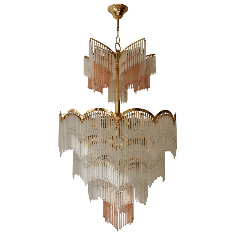Italian Hollywood Regency Style Murano Glass and Brass Chandelier For Sale