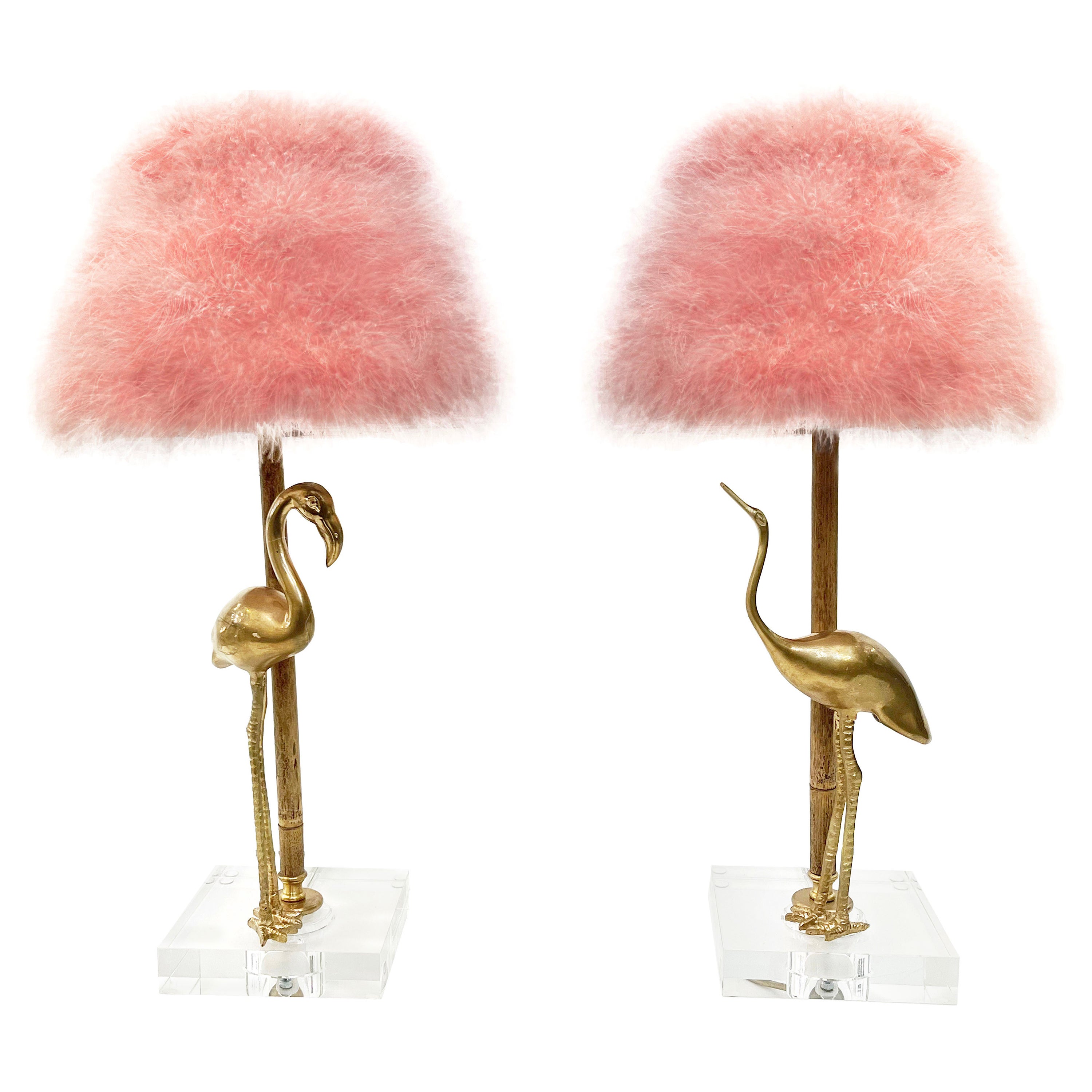 1970 Italian Vintage Pair of Brass Lucite Bamboo Table Lamps & Pink Fur Shades