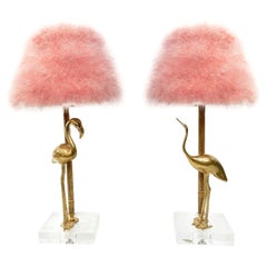 1970 Italian Retro Pair of Brass Lucite Bamboo Table Lamps & Pink Fur Shades