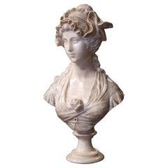 19th Century Italian Carved Marble Lady Bust on Swivel Socle, Signed Bulli