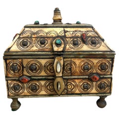 Small North African “Casket“ Shaped Box with Turquoise & Coral Accents