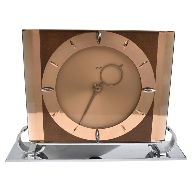 Art Deco Large Copper Glass Electric Mantle Clock by Temco, England