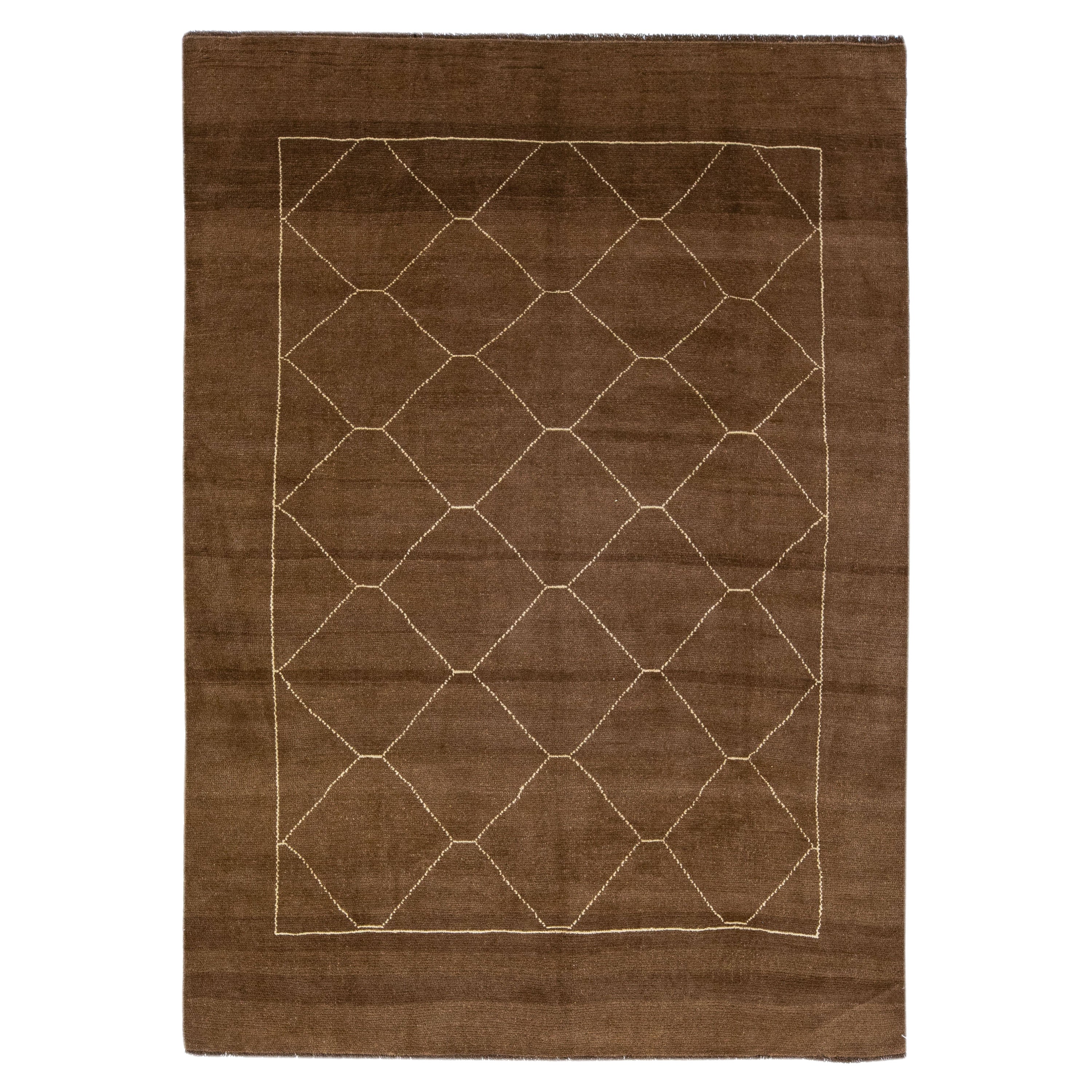 Brown Modern Moroccan Style Handmade Wool Rug with Geometric Motif by Apadana