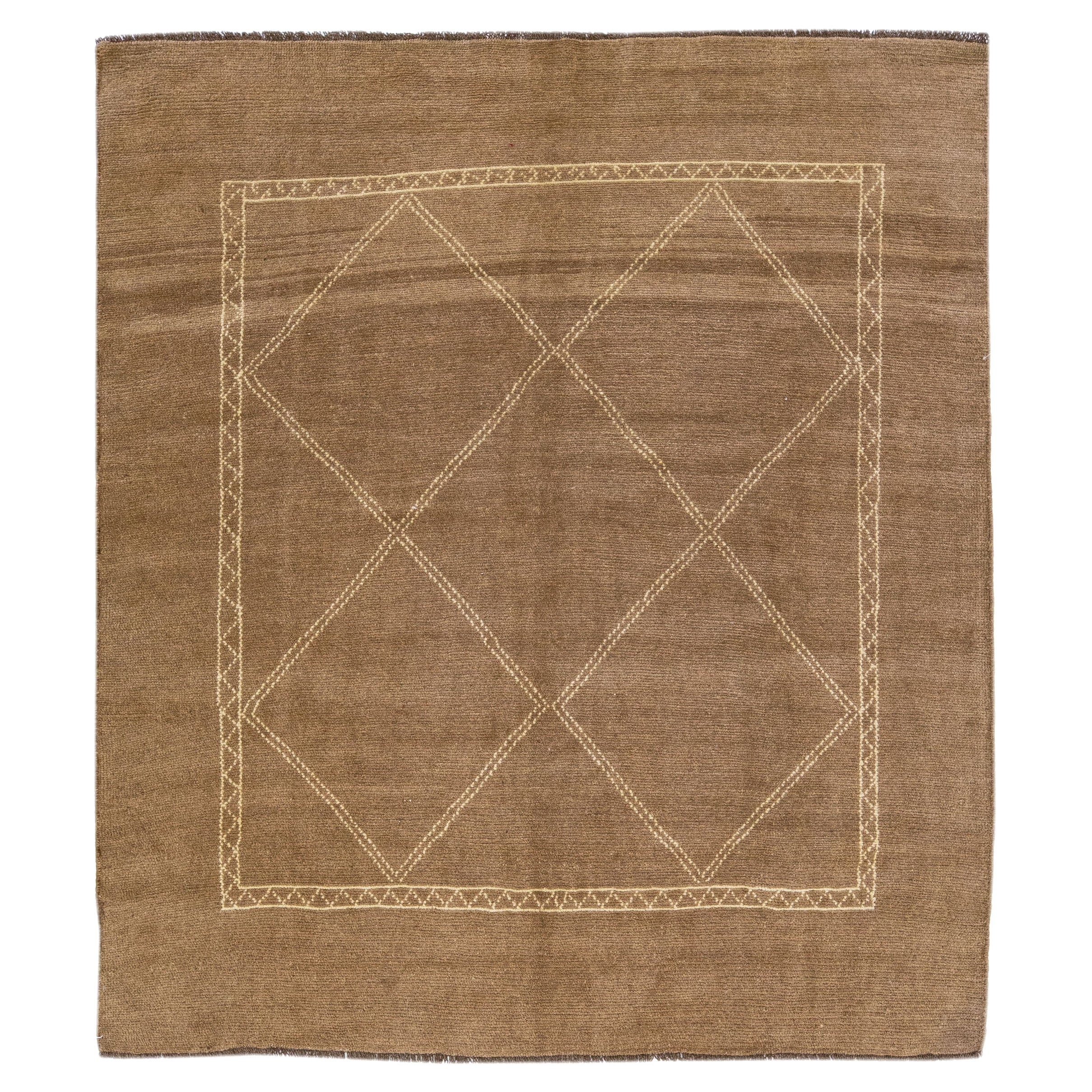 Modern Moroccan Style Light Brown Handmade Geometric Square Wool Rug by Apadana For Sale