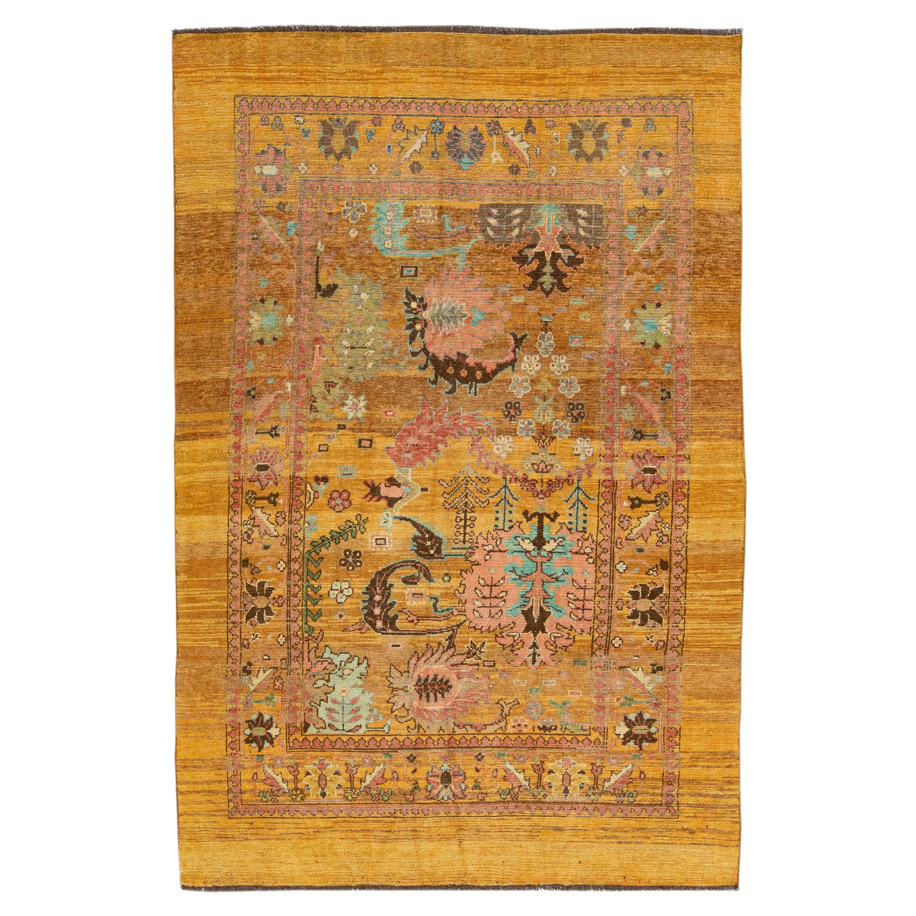 Mid-Century Transitional Style Handmade Goldenrod Floral Wool Rug by Apadana For Sale