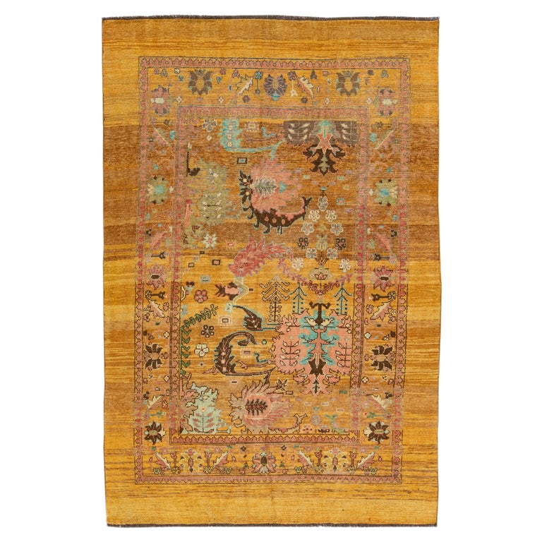 Mid-Century Transitional Style Handmade Goldenrod Floral Wool Rug by ...