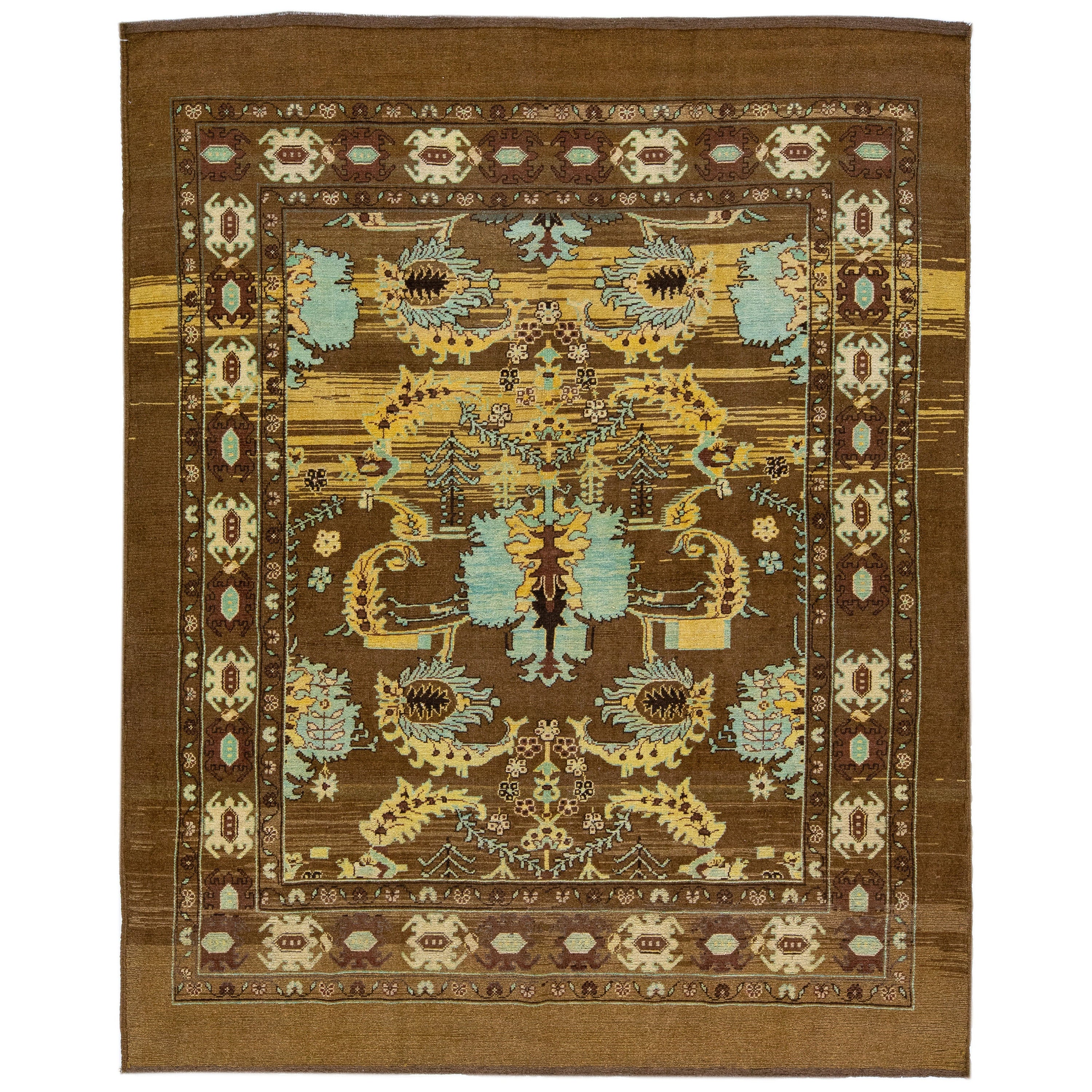 Tapis en laine marron à fleurs fait à la main de style transitionnel mi-siècle moderne par Apadana
