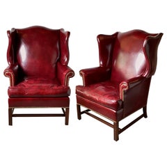 Vintage Pair of Cordovan Leather Devon Wing Chairs by Hickory Chair