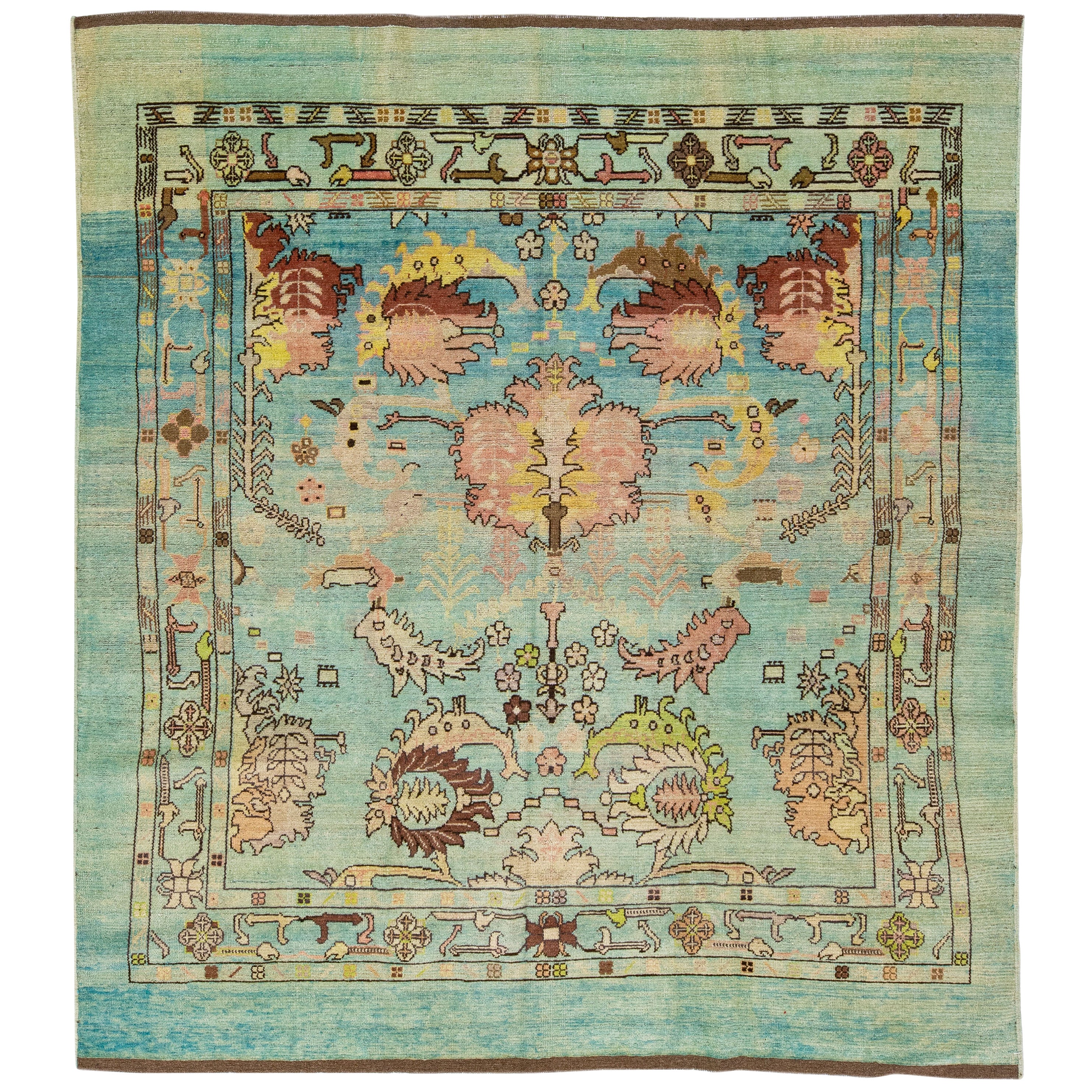 Blue Transitional Art Deco Style Handmade Floral Wool Rug by Apadana For Sale