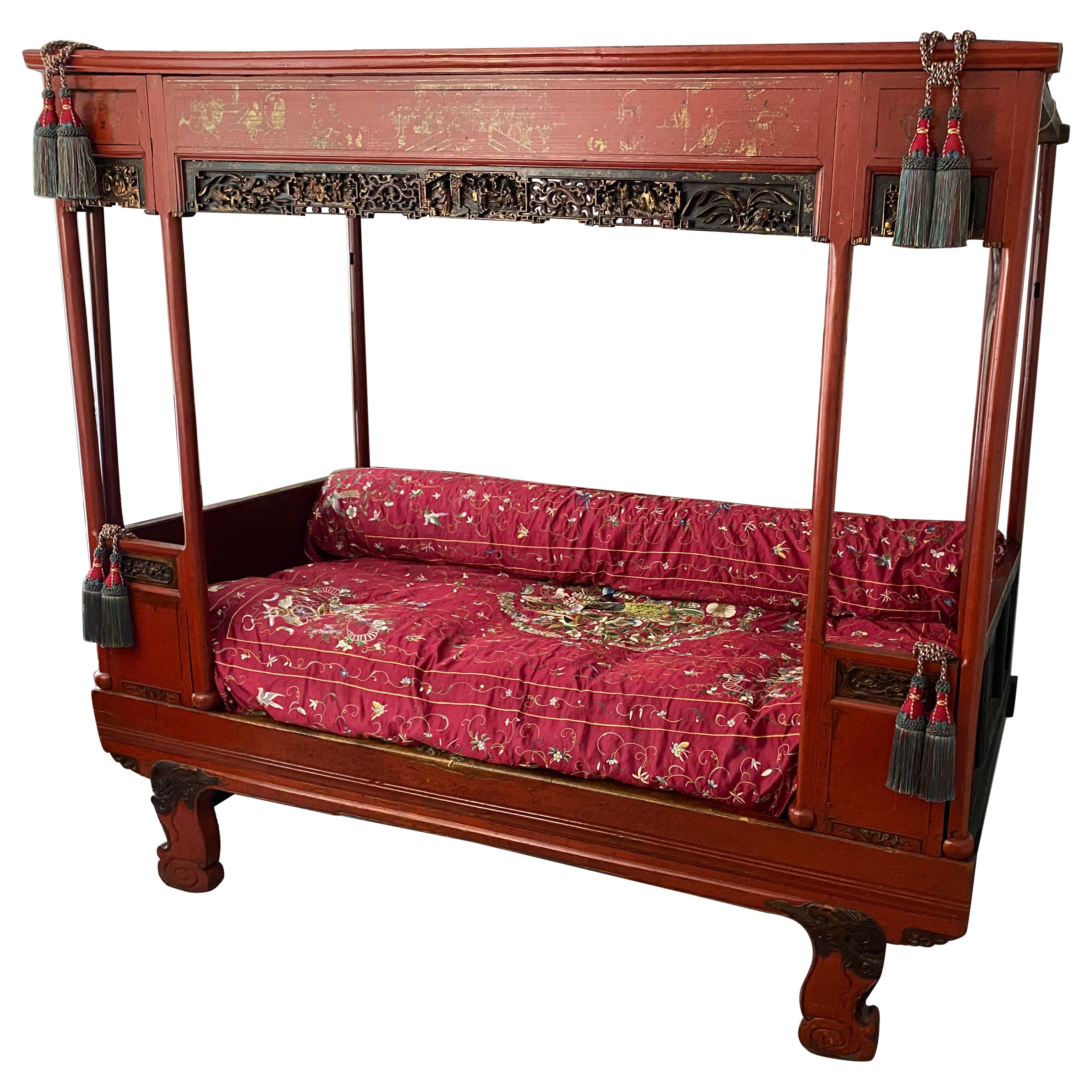 Antique Chinese Red Lacquored Bed For Sale