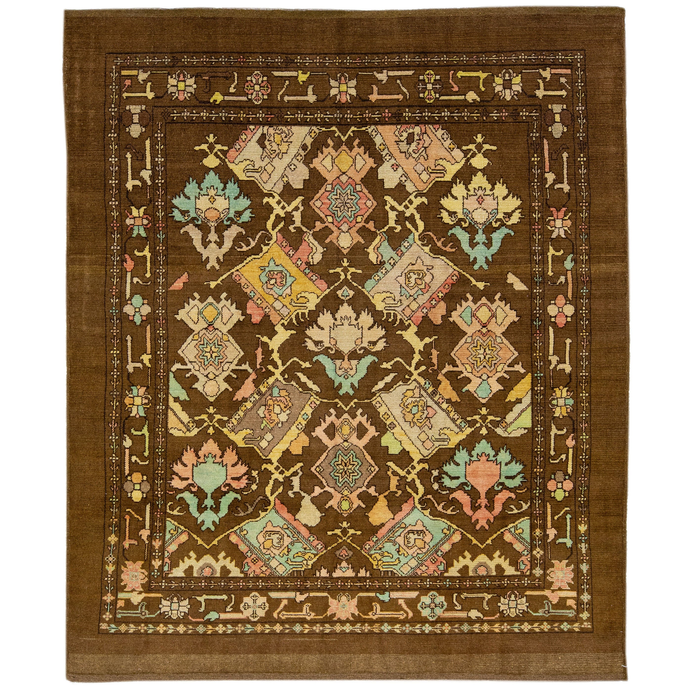 Mid-Century Modern Style Brown Handmade Floral Pattern Wool Rug by Apadana