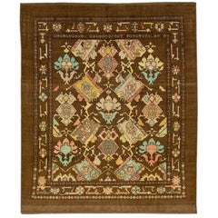 Mid-Century Modern Style Brown Handmade Floral Pattern Wool Rug by Apadana