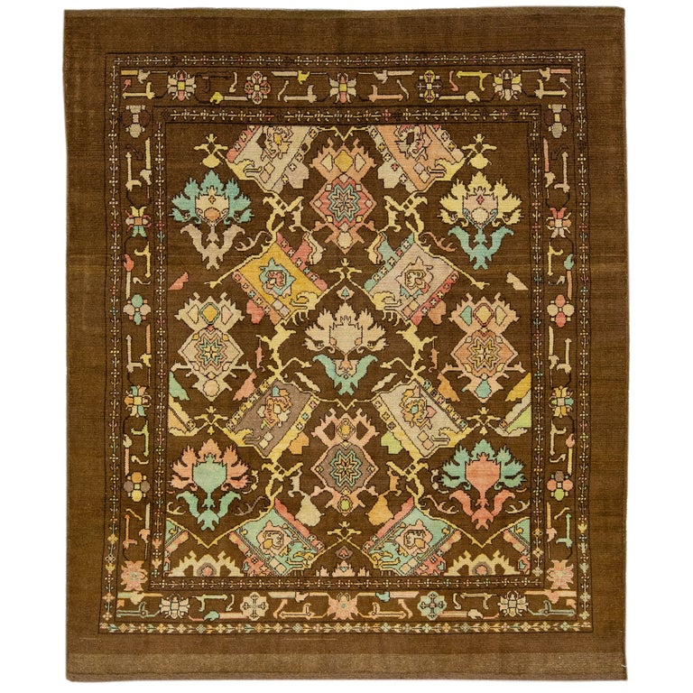 MidCentury Modern Style Brown Handmade Floral Pattern Wool Rug by Apadana For Sale at 1stDibs